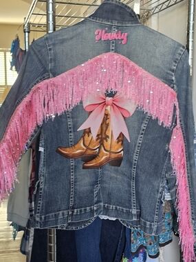 Women's Denim Jacket with Pink Fringe & Western Boot Graphic